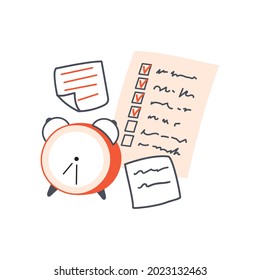 Klassischer Wecker und Papiernotizen. Checkliste und Memo-Aufkleber. Konzept des Managements und der täglichen Planung. Flache Vektorgrafik.