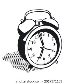 Classic alarm clock in perspective view with shadow isolated on white background.  High contrast black and white vector illustration