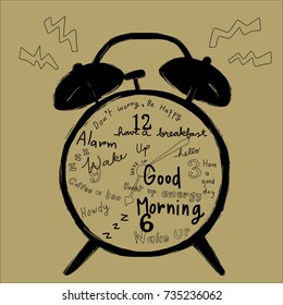 Classic alarm clock ringing with greeting messages on clock face such as have a good day, good morning, hello, howdy. Wake up messages included. Vector illustration with hand-drawn style.