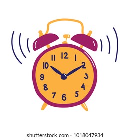 Classic alarm. Clock ringing at morning wake up time. Vector illustration in flat style isolated on white background.