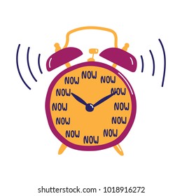 Classic alarm. Clock ringing at wake up time. Now. Present moment reminder. Vector illustration in flat style isolated on white background