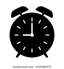 Ilustración vectorial de silueta de reloj despertador clásico. Esta es una silueta negra de un diseño clásico de reloj despertador. La esfera del reloj presenta agujas de hora y minutos, marcas de hora simples.