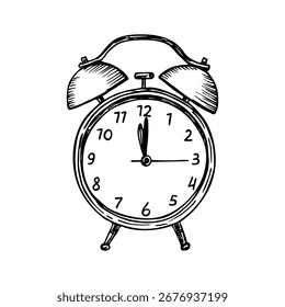 Skizzenzeichnung für klassische Wecker. Morgenroutine, Zeitmanagement, Frist. Eine Umrissgrafik im Gravierstil, handgezeichnetes Linienkunstclipart