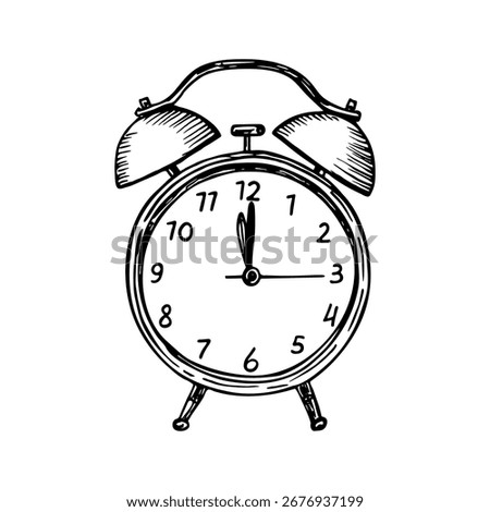 Classic alarm clock sketch drawing. Morning routine, time management, deadline. An outline illustration in engraving style, hand drawn line art clipart