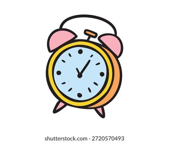 Despertador clásico, tiempo para estudiar, doodle escolar colorido, dibujado a mano. Ilustración vectorial.