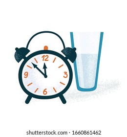 Classic alarm clock with two bells and glass of water, sleeping routine, morning wake up concept, flat cartoon vector illustration isolated on white background. Classic alarm clock and glass of water