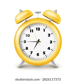 Classic alarm clock with two bells on a white background. Yellow realistic alarm clock. Vector EPS 10.