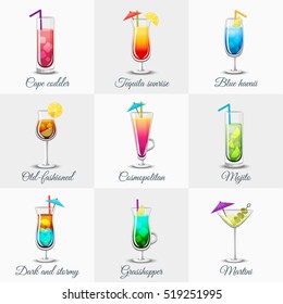 Classic alcohol cocktails icons set with mojito cosmopolitan and blue havaii martini tequila sunrise isolated vector illustration