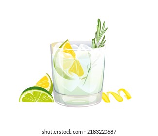 Classic alcoholic cocktail gin and tonic.Refreshing drink with lime and ice .Vector illustration isolated on a white background.