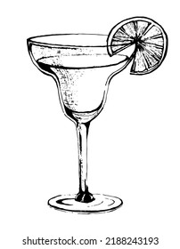 Classic Alcoholic Cocktail in a glass. Vector illustration of cold summer Beverage for bar menu design or icon. Hand drawn sketch