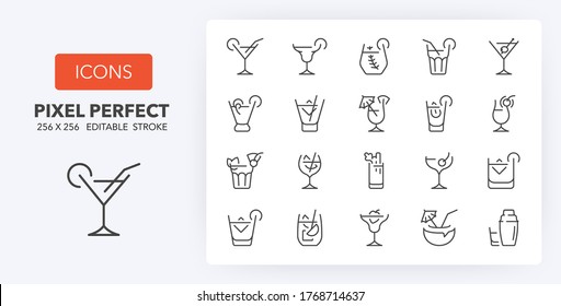 Classic alcoholic cocktails and cocktail glasses thin line icon set. Outline symbol collection. Editable vector stroke. 256x256 Pixel Perfect scalable to 128px, 64px...