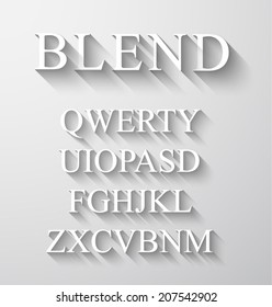 Klassisches Alphabet mit modernem, langen Schatteneffekt. Schatten wurden mit Überblendung und Transparenz hergestellt, sodass kopiert und auf jedem Hintergrund eingefügt werden kann.