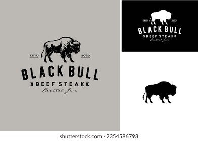 Classic American Black Bull Bison Buffalo Silhouette for BBQ Beef Steak Meat Vintage Logo Design