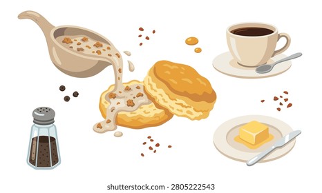 A classic American breakfast featuring fluffy biscuits smothered in creamy sausage gravy, served with a cup of black coffee and a pat of butter.