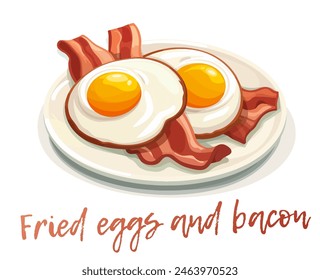 Desayuno americano clásico de huevos fritos y crujiente icono de Vector de tocino aislado sobre fondo blanco. Dos huevos fritos y rebanadas de tocino crujiente ilustración