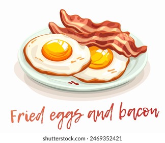 Classic American breakfast of fried eggs and crispy bacon vector icon isolated on white background. Two sunny side up fried eggs and slices of crispy bacon illustration