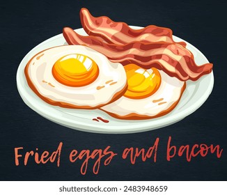 Classic American breakfast of fried eggs and crispy bacon vector icon isolated on black chalkboard. Two sunny side up fried eggs and slices of crispy bacon illustration