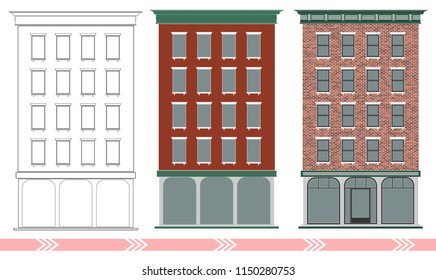 A classic American brick multi-storey house. Stages of designing and building a classical building.. Expensive real estate. Downtown.