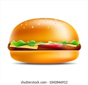 Classic American burger . Vector hamburger or cheeseburger with lettuce tomato cheese beef. Fast food. Close up isolated on white Background.