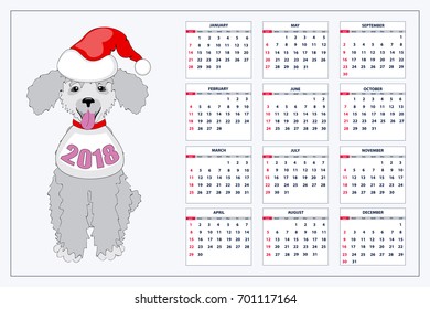 Classic american calendar for wall or desktop year 2018 with cartoon toy dog. English language. Week starts on Sunday. There are all 12 month. eps 10
