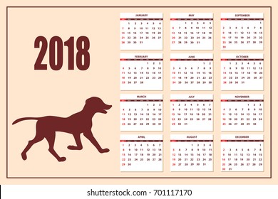 Classic american calendar for wall or desktop year 2018 with cartoon  dog. English language. Week starts on Sunday. There are all 12 month. eps 10