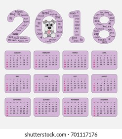 Classic american calendar for wall or desktop year 2018 with cartoon toy dog. English language. Week starts on Sunday. There are all 12 month. eps 10