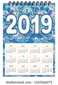 Classic american calendar for wall year 2019 with zen-tangle patterned background and number 2019. English language. Week starts on Sunday. There are all 12 month. eps 10
