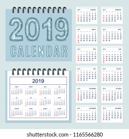 Classic american calendar for wall year 2019 with zen-tangle patterned visual three-dimensional number 2019. English language. Week starts on Sunday. Set of the 12-month isolated pages. eps 10
