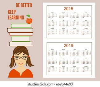 Classic american calendar for wall year 2018 and 2019 with learning concept. English language. Week starts on Sunday. There are all 12 month. eps 10