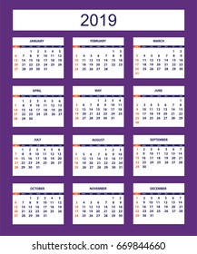 Classic american calendar for wall year 2019 on the violet background. English language. Week starts on Sunday. There are all 12 month. eps 10