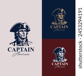 Classic American captain Face Silhouette. Vintage United States Revolution War Army Soldier with Tricorn Hat Illustration Logo Design