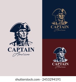 Classic American captain Face Silhouette. Vintage United States Revolution War Army Soldier with Tricorn Hat Illustration Logo Design