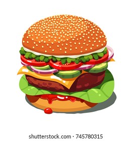 Classic American cheese burger with grilled meat cutlet, cheddar, tomatoes, greens, pickles, onion rings, lettuce salad, ketchup sauce. Homemade hamburger. Flat vector illustration isolated on white.