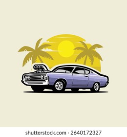 Classic american drag muscle car in beach vector illustration isolated