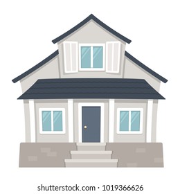 Classic American family house cartoon drawing. Traditional suburban home vector illustration.