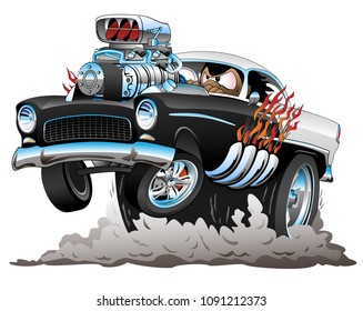 Classic American Fifties Style Hot Rod Funny Car Cartoon with Big Engine, Flames, Smoking Tires, Popping a Wheelie, Vector Illustration