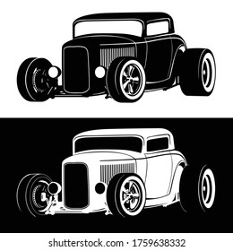 Classic American Hot Rod car isolated vector illustration in both black on white and white on black versions