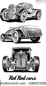 Classic american hot rod cars. Front, back and side view. Black and white linear hand drawing, sketch. Vector set.
