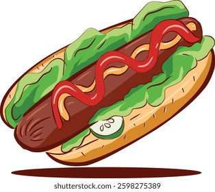 Classic American hotdog in a soft bun, topped with mustard, ketchup, and fresh ingredients. A popular fast food choice for picnics, barbecues, and street food vendors.