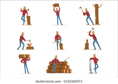 Classic American Lumberjack In Checkered Shirt Working Cutting And Chopping Wood With Cleaver And A Saw