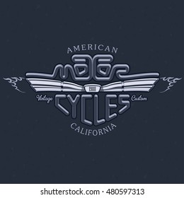 Classic American Motorcycles label design with hand drawn motorcycle for posters, vintage emblems, t-shirts, greeting cards etc, Vector illustration in flat style isolated from the background, EPS 10