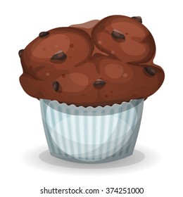Classic American Muffin With Chocolate Chips/
Illustration of a cartoon american muffin, with chocolate chips, for fast food sweets and desserts menu