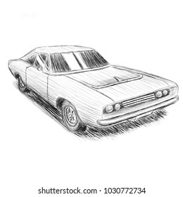 Classic american muscle car hand drawn vector illustration. Powerfull vintage automobile. Legend car pencil skech