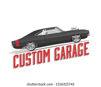 Classic american muscle car isolated illustration with custom garage caption on white background. Custom car. Black car burnout. Template for car show advertising designs.  Vector illustration