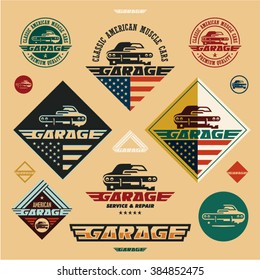Classic American muscle cars garage vintage style labels and badges, muscle car icon, car restoration, retro style labels