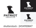 Classic American Patriot Silhouette Facing. United States Revolutionary War Army Soldier Vintage Illustration Design on black white background