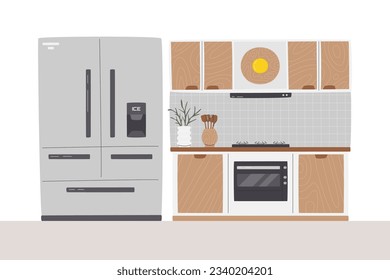 Classic american rustic kitchen interior with wide refrigerator. Minimalist dining and cooking zone with plant and utensils. Fridge for big family. Kitchen set hand drawn flat vector illustration