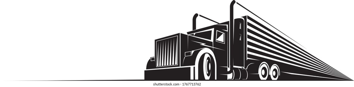Classic american semi truck silhouette abstract, simple black and white graphics. Vector