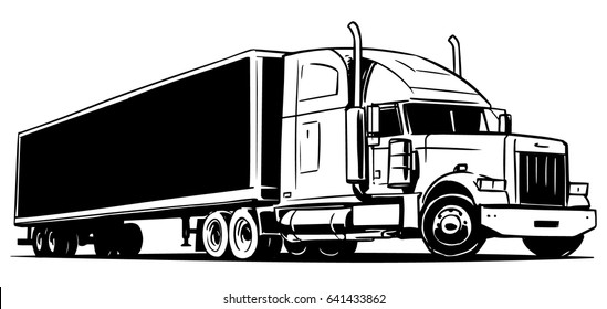 Classic American Semi Truck With A Trailer. Black And White Illustration