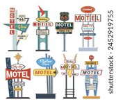 Classic American signboard retro stand street pointer advertising set isometric vector illustration. Highway billboard roadside promotion motel vacancy restaurant poster signage with arrow and frame